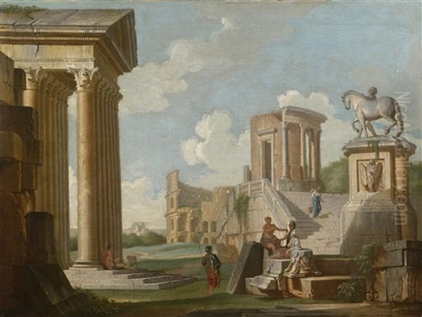 Architekturcapriccio Mit Dem Kolosseum Und Dem Vestatempel In Tivoli Oil Painting by Giovanni Paolo Panini