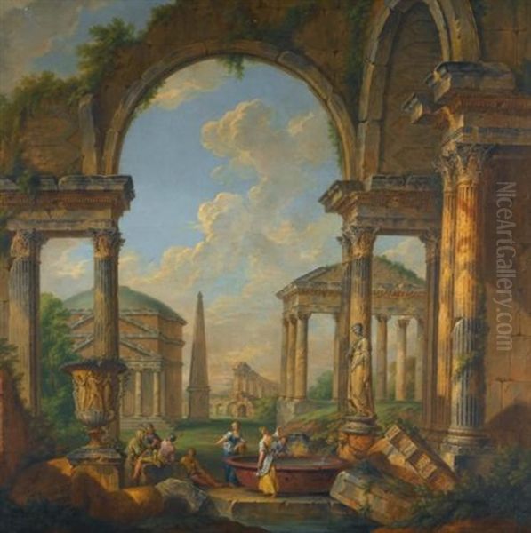 An Architecutral Capriccio With Figures At A Fountain, The Pantheon Beyond Oil Painting by Giovanni Paolo Panini