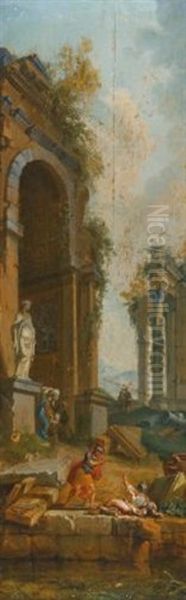 Architectural Capricci With Ruins And Figures (pair) Oil Painting by Giovanni Paolo Panini