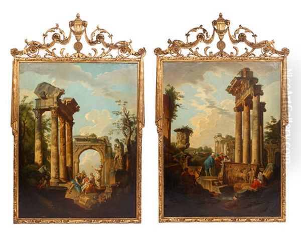 Capriccio Landscapes (pair) Oil Painting by Giovanni Paolo Panini