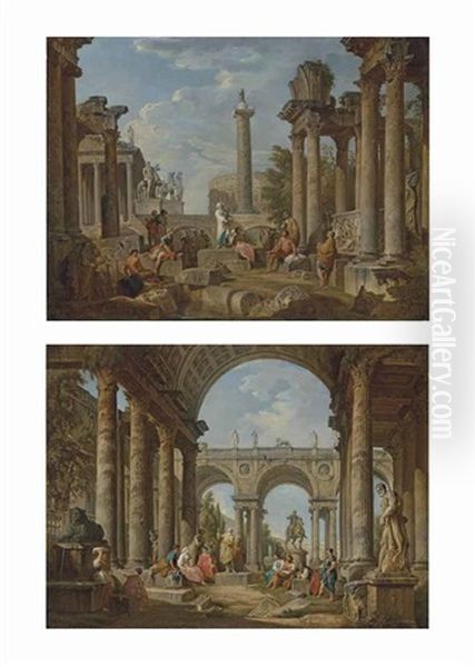 A Classical Capriccio With The Colosseum, Trajan's Column...(+ A Classical Capriccio With The Farnese Hercules...; Pair) Oil Painting by Giovanni Paolo Panini