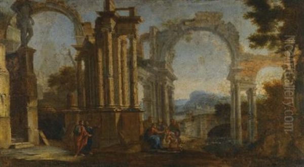 A Fluvial Architectural Capriccio With Christ On The Road To Emmaus; A Fluvial Architectural Capriccio With Christ Healing The Blind Man (pair) Oil Painting by Giovanni Paolo Panini