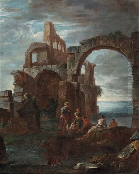 Gesprach Unter Romischen Ruinen Am Meer Oil Painting by Giovanni Paolo Panini