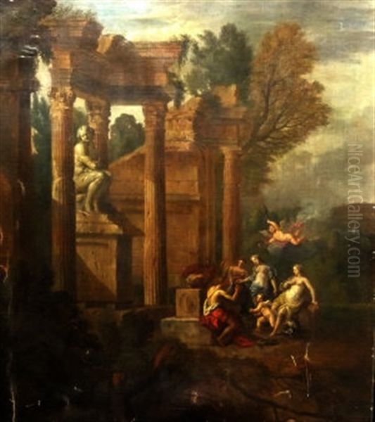 Figures Amongst The Ruins With A Statue Oil Painting by Giovanni Paolo Panini