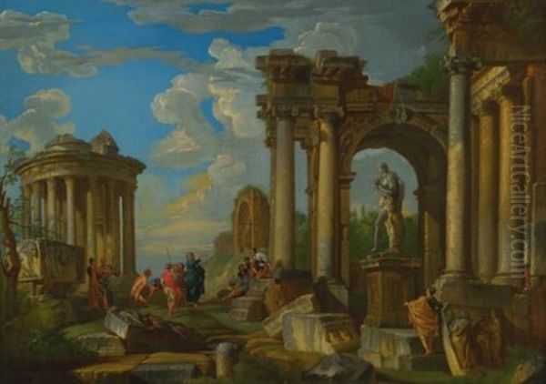 Roman Ruins With Classical Figures Oil Painting by Giovanni Paolo Panini