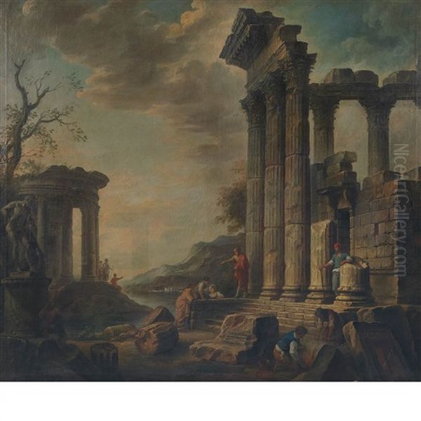 Capriccio Of Figures Among Ruins Oil Painting by Giovanni Paolo Panini