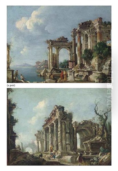 An Architectural Capriccio With Figures By A Bay (+ An Architectural Capriccio With Figures Conversing; 2 Works) Oil Painting by Giovanni Paolo Panini