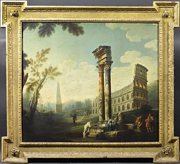 A Classical Capriccio With Figures Amongst Ruins Oil Painting by Giovanni Paolo Panini