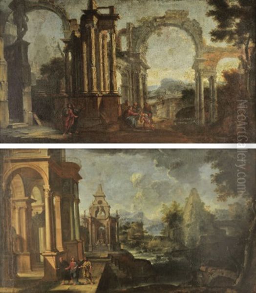 A Fluvial Architectural Capriccio With Christ On The Road To Emmaus (+ A Fluvial Architectural Capriccio With Christ Healing The Blind Man; Pair) Oil Painting by Giovanni Paolo Panini