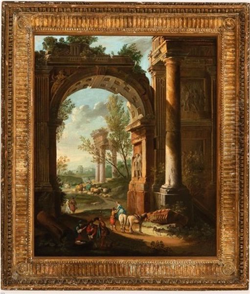 Figures With Animals By Classical Ruins In An Italianate Landscape Oil Painting by Giovanni Paolo Panini