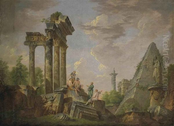 Capriccio Of Classical Ruins With The Pyramid Of Caius Cestius, Trajan's Column And Other Roman Monuments Oil Painting by Giovanni Paolo Panini