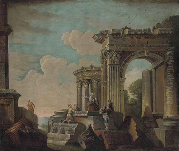 An Architectural Capriccio With Figures Conversing Amongst Classical Ruins Oil Painting by Giovanni Paolo Panini