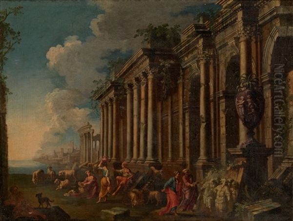 A Capriccio Of A Mediterranean Port With Figures And A Herd Of Goats In Front Of Classical Buildings Oil Painting by Giovanni Paolo Panini