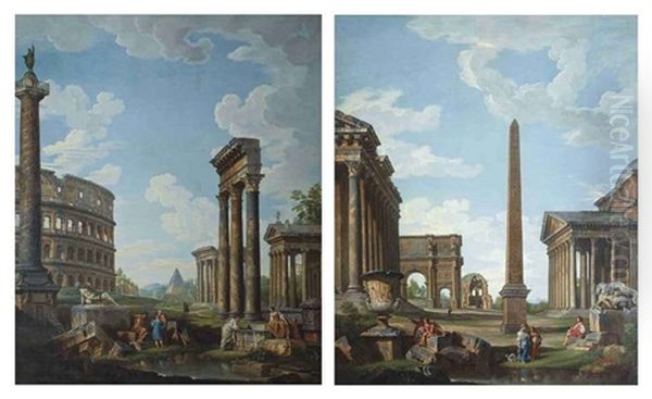 A Capriccio With Roman Ruins And A Scene From The Life Of Belisarius(+ A Capriccio With Figures..., 2 Works) Oil Painting by Giovanni Paolo Panini