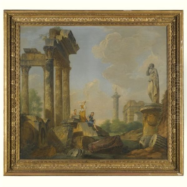 Figures Conversing Among Roman Ruins Oil Painting by Giovanni Paolo Panini