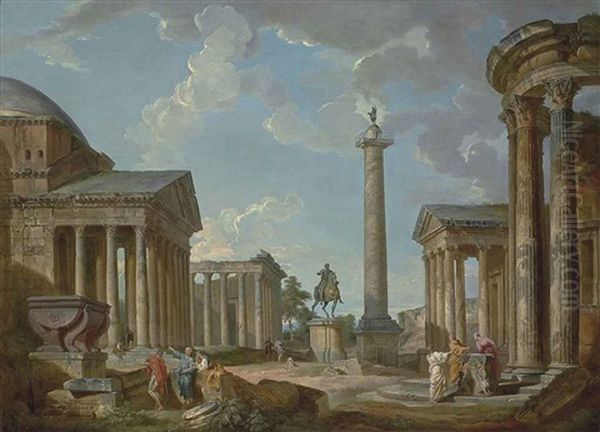 A Capriccio Of Roman Ruins With The Pantheon, The Temple Of Antonino And Faustina, The Statue Of Marco Aurelio, The Trajan Column, The Temple Of Fortuna Virilis, The Temple Of Vesta In Tivoli And Figures Conversing Amongst Architectural Fragments Oil Painting by Giovanni Paolo Panini