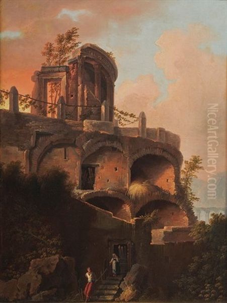 Figures By Classical Ruins In An Italianate Landscape Oil Painting by Giovanni Paolo Panini