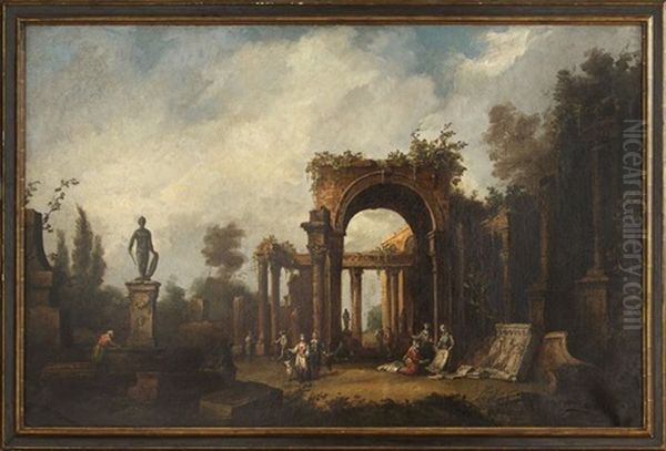 An Architectural Capriccio With Figures Walking Among Ruins, A Merchant Selling Paintings And A Sculpted Classical Fountain In The Foreground Oil Painting by Giovanni Paolo Panini