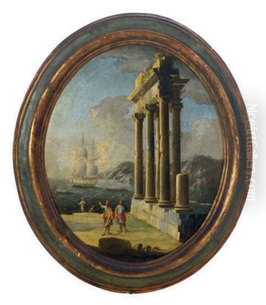 A Mediterranean Coastal Landscape With Figures By A Classical Ruin (+ Another; 2 Works) Oil Painting by Giovanni Paolo Panini