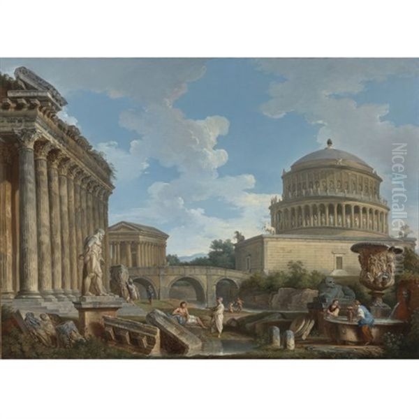 A Capriccio Of Hadrian's Mausoleum, The Temple Of Fortuna Virilis, The Milvian Bridge And The Basilica Of Antoninus With The Farnese Hercules, The Medici Vase, Washerwomen By A Fountain And Philosophers Among Architectural Fragements (collab. W/studio) Oil Painting by Giovanni Paolo Panini