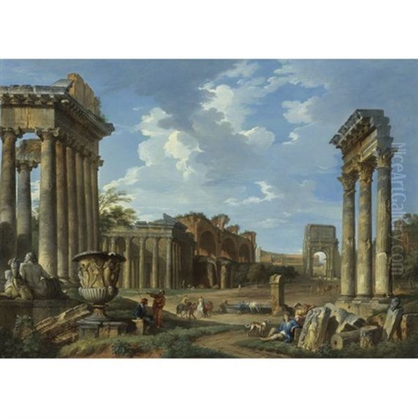 A View Of The Campo Vaccino With The Temple Of Jupiter Stator, The Arch Of Titus, The Colosseum, The Basilica Of Maxentius, The Temple Of Antoninus And Faustina And The Temple Of Concord With The Borghese Vase And Horsemen And Peasants By A Fountain Oil Painting by Giovanni Paolo Panini