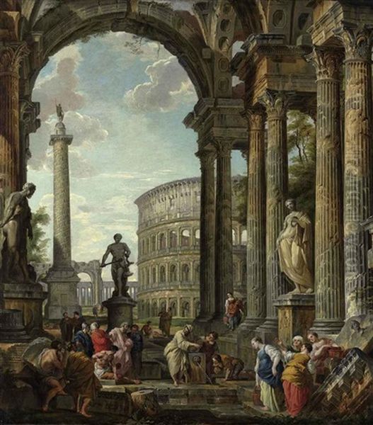 An Architectural Capriccio With The Philosopher Diogenes And Other Figures By A Fountain Beneath A Portico Oil Painting by Giovanni Paolo Panini