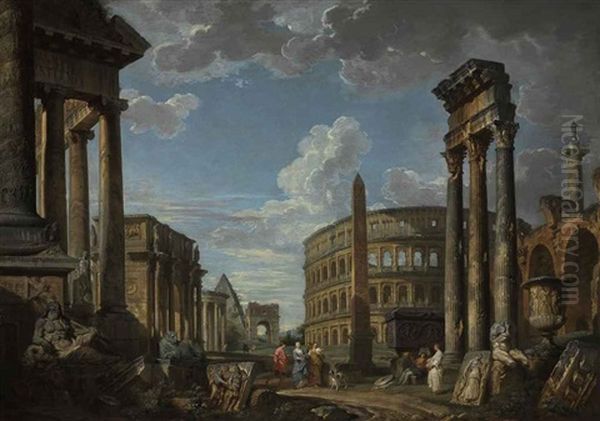 An Architectural Capriccio With Figures Among Roman Ruins Oil Painting by Giovanni Paolo Panini