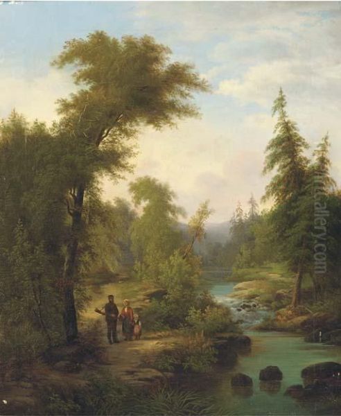 A Family On A Riverbank In A Wooded Landscape Oil Painting by Josef Thomas