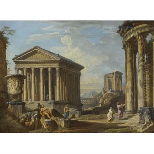 Capriccio Of Classical Ruins With The Maison Carree At Nimes, The Temple Of Vesta At Tivoli, The Pont Du Gard Near Nimes And The Borghese Vase Oil Painting by Giovanni Paolo Panini