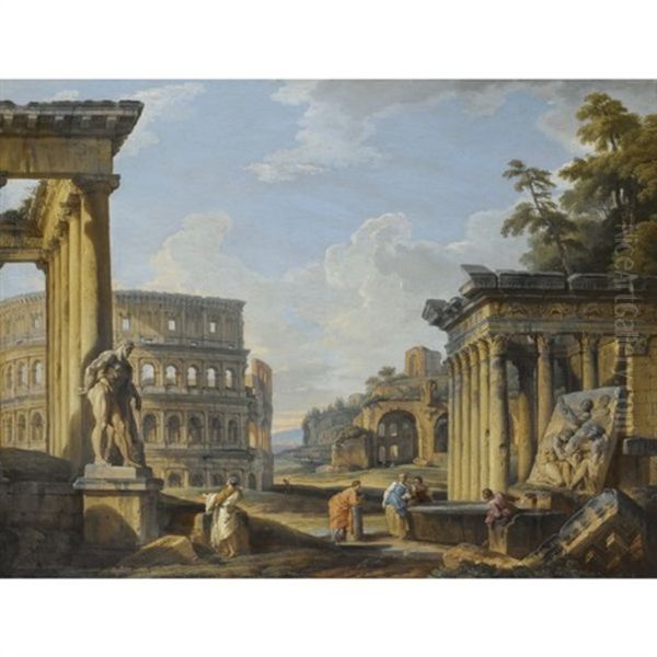 Capriccio Of Classical Ruins With The Temple Of Antonius And Faustina, The Colosseum, The Basilica Of Maxentius And The Temple Of Venus And Rome, A Man Admiring The Farnese Hercules While Others Converse With Washerwomen Near A Sculpted Relief Of A Sacrif Oil Painting by Giovanni Paolo Panini