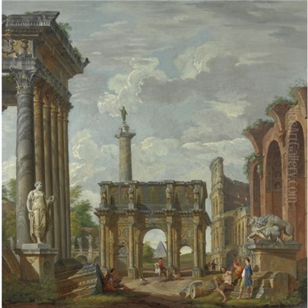 Capriccio Architettonico Con L'arco Di Costantino, Il Colosseo, La Basilica Di Massenzio, Il Tempio Di Antonino E Faustina, La Colonna Traiana E Il Ponte Sant'angelo Oil Painting by Giovanni Paolo Panini