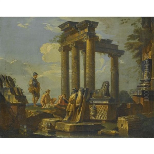 A Capriccio Of Classical Ruins, A Sarcophagus And A Temple With With A Soldier And Other Reclining Figures Oil Painting by Giovanni Paolo Panini