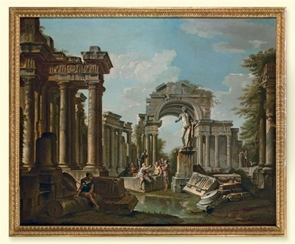 A Capriccio Of Roman Ruins With Villagers And A Statue Of Apollo Oil Painting by Giovanni Paolo Panini