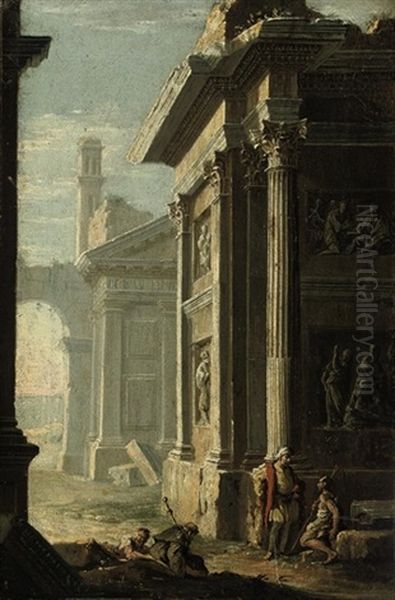 A Capriccio Of Classical Ruins With Figures Conversing Beneath A Temple Oil Painting by Giovanni Paolo Panini