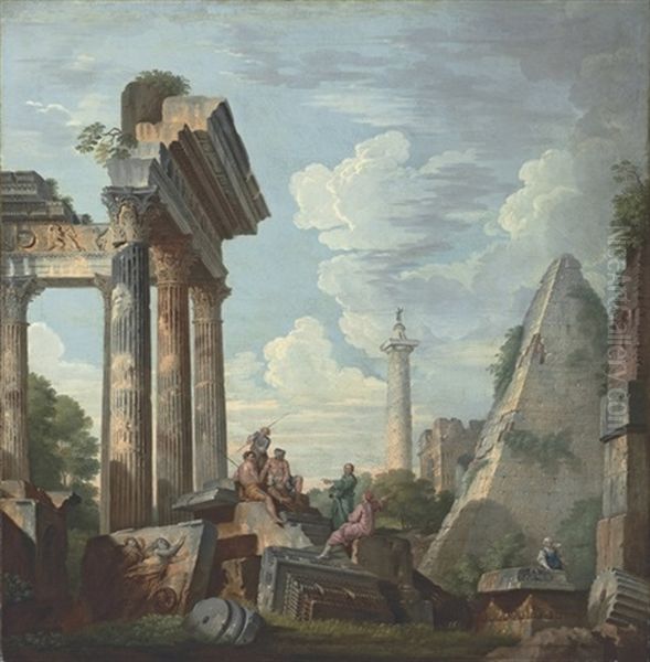 An Architectural Capriccio With The Pyramid Of Cestius And Trajan's Column Oil Painting by Giovanni Paolo Panini