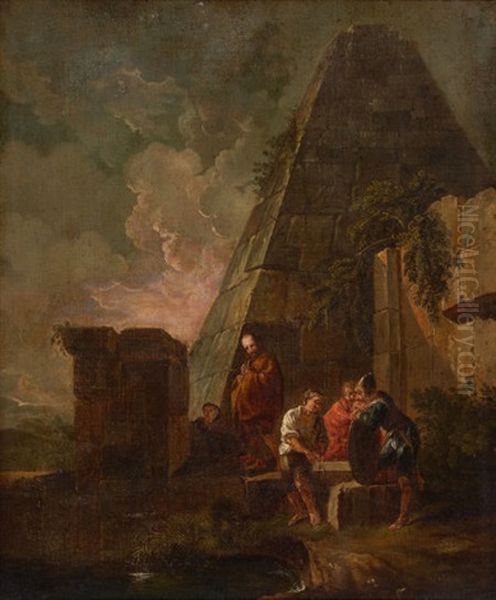 Philosphers And Soldiers Among Ancient Ruins, Including The Pyramid Of Gaius Cestius Oil Painting by Giovanni Paolo Panini