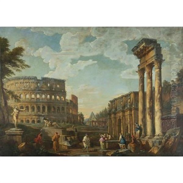 An Architectural Capriccio With The Colosseum Oil Painting by Giovanni Paolo Panini