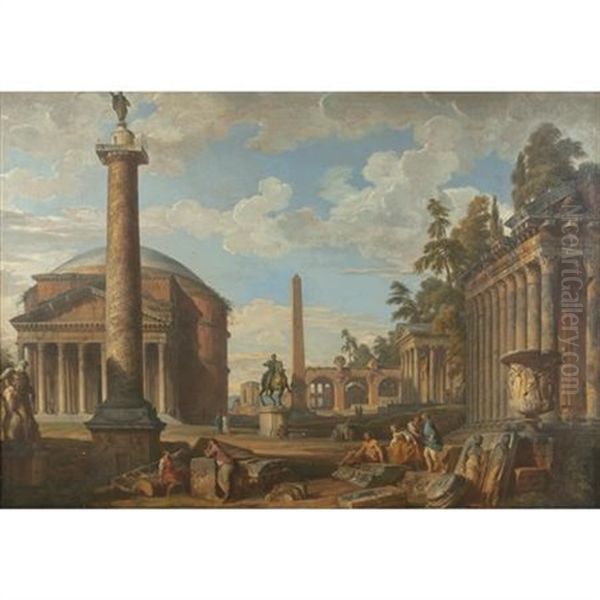 An Architectural Capriccio With The Roman Pantheon Oil Painting by Giovanni Paolo Panini