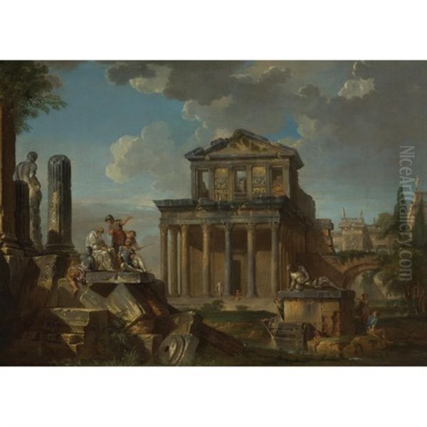 Capriccio With The Temple Of The Divine Antoninus Pius And Faustina Oil Painting by Giovanni Paolo Panini