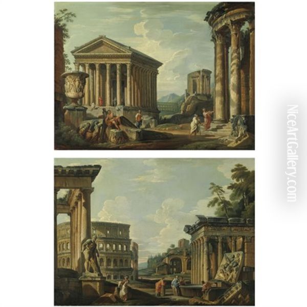 An Architectural Capriccio With Roman Ruins, The Temple Of Antoninus And Faustina, The Colosseum, The Basilica Of Maxentius And The Temple Of Venus (+ An Architectural Capriccio With Roman Ruins, The Temple Of Vesta, The Maison Carree At Nimes, T Oil Painting by Giovanni Paolo Panini