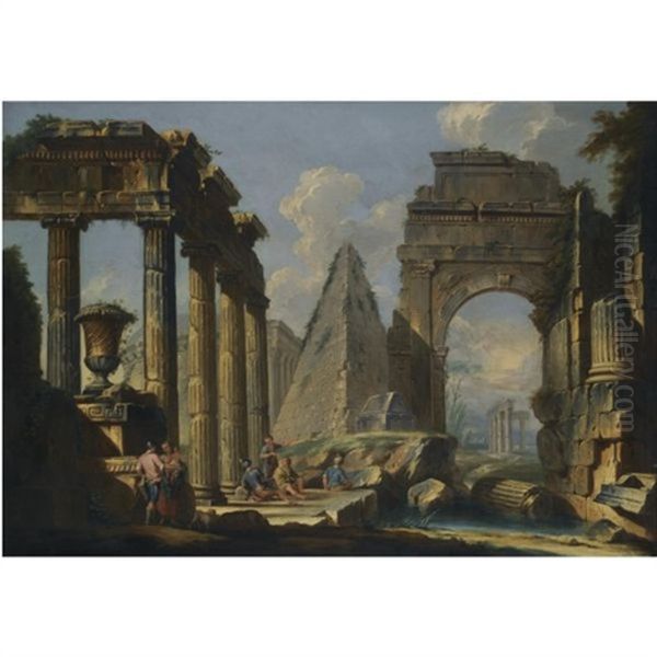 A Landscape With Classical Ruins And Figures Resting In The Foreground Oil Painting by Giovanni Paolo Panini