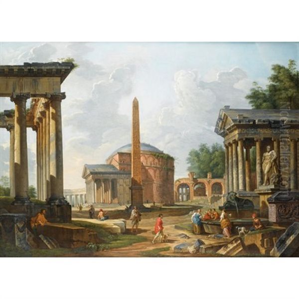 Caprice Architectural Avec Le Pantheon, Les Temples De Saturne Et De La Fortune Virile, La Basilique De Maxence Et L'obelisque D'auguste Oil Painting by Giovanni Paolo Panini