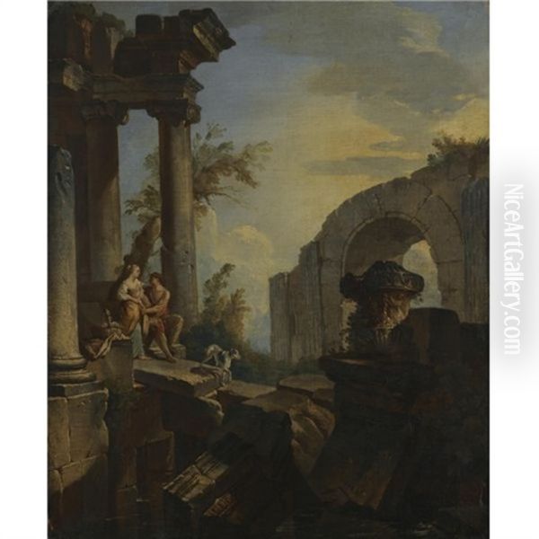 An Architectural Capriccio With A Couple Seated And A Dog Beneath Ruined Columns (+ An Architectural Capriccio With Figures Resting At The Foot Of The Pyramid Of Gaius Cestius; Pair) Oil Painting by Giovanni Paolo Panini