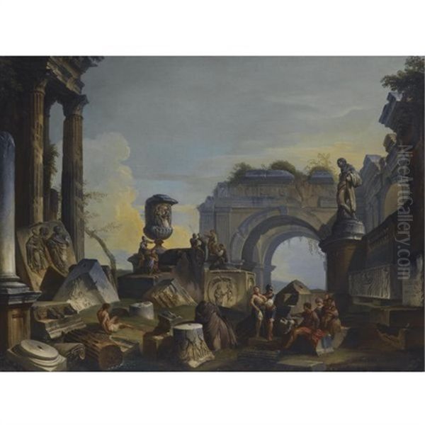 An Architectural Capriccio With Figures Amongst Ancient Ruins Oil Painting by Giovanni Paolo Panini