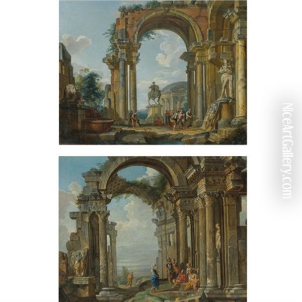 An Architectural Capriccio With The Equestrian Statue Of Marcus Aurelius And The Statue Of Silenus With The Infant Dionysos (+ An Architectural Capriccio With Ruins Of A Corinthian Temple With Figures Oil Painting by Giovanni Paolo Panini