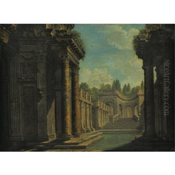 Architectural Capriccio With Roman Ruins Oil Painting by Giovanni Paolo Panini