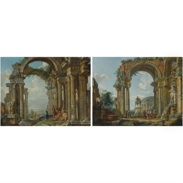 An Architectural Capriccio With The Equestrian Statue Of Marcus Aurelius And The Statue Of Silenus With The Infant Dionysos (+ Another; Pair) Oil Painting by Giovanni Paolo Panini