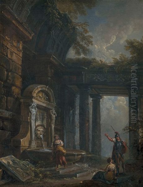 Femmes Et Soldat Pres De La Fontaine Oil Painting by Giovanni Paolo Panini