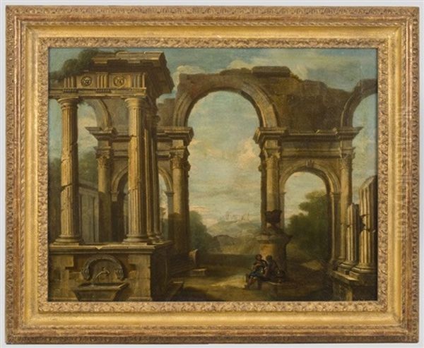 Capriccio Of Classical Ruins With Figures At Rest Oil Painting by Giovanni Paolo Panini