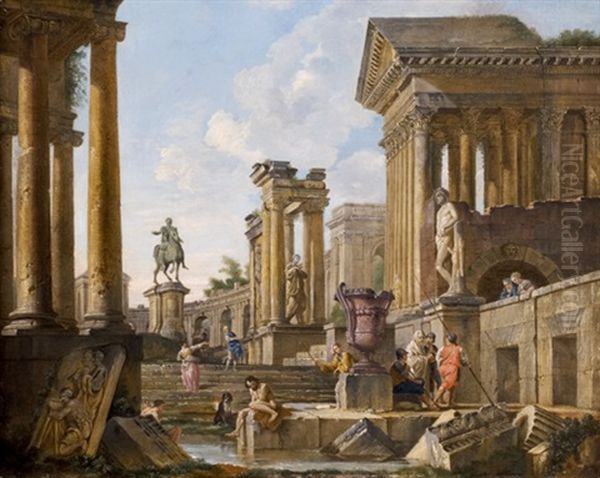 Capriccio Architettonico Con Statua Di Marco Aurelio E Vaso Medici Oil Painting by Giovanni Paolo Panini